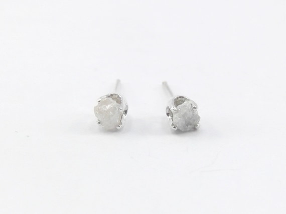 Raw White Diamond Stud Earrings Sterling Silver Stud Etsy