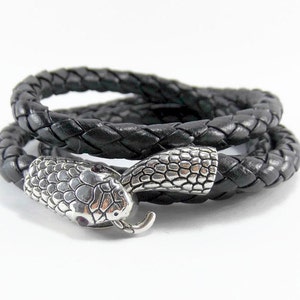 Ouroboros Leather Snake Bracelet, Black Snake Wrap Bracelet, Unisex Black Leather Bracelet, Braided Leather Serpent Bracelet, Black Serpent imagem 1