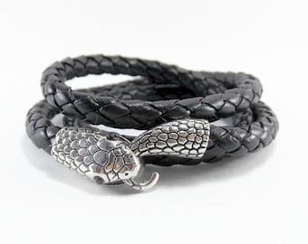 Ouroboros Leather Snake Bracelet, Black Snake Wrap Bracelet, Unisex Black Leather Bracelet, Braided Leather Serpent Bracelet, Black Serpent