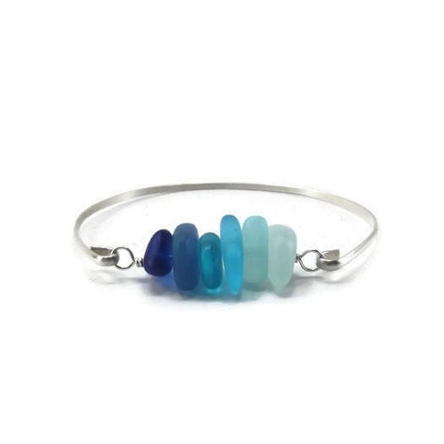 Blue Sea Glass Minimalist Bangle Bracelet - Sterling Silver Beach Glass Bracelet