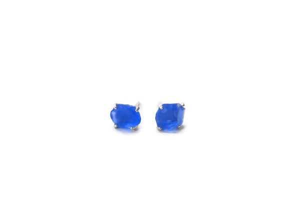 Blue Sea Glass Stud Earrings - Sterling Silver Beach Glass Earrings
