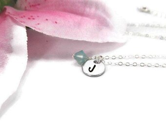 Sterling Silver Minimalist Initial Necklace - Bridesmaid Birthstone Initial Necklace - Custom Birthstone Stamped Necklace - March Necklace