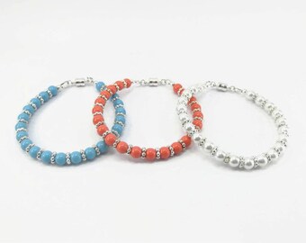 Swarovski Pearl Bracelet Set - Turquoise and Coral Bracelet - Pearl Stacking Bracelet - Beaded Turquoise Coral Bracelet