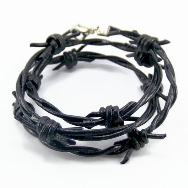Barbed Wire Bracelet - Leather Bracelet - Wrap Bracelet - Steampunk Bracelet - Black Bracelet - Mens Bracelet - Barbed Wire Jewelry - Unisex
