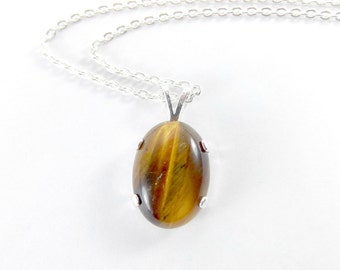 Sterling Silver Tiger Eye Necklace - Natural Tigers Eye Pendant - Brown and Gold Gemstone Necklace - Brown Gemstone Cabochon Necklace