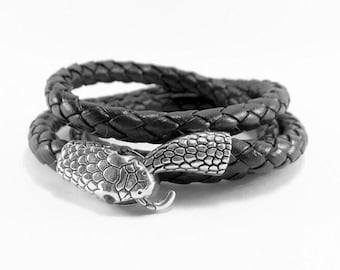 Bransoletka ze skóry węża Ouroboros, czarna bransoletka z wężem, unisexowa czarna bransoletka ze skóry, pleciona skórzana bransoletka z wężem, czarny wąż