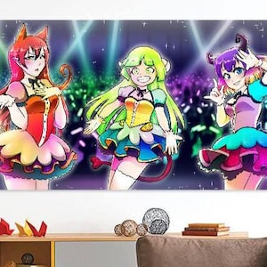 May include: Three anime characters with colorful hair and outfits pose in front of a sparkling background. The character on the left has red hair and a yellow and red dress. The character in the middle has green hair and a yellow and green dress. The character on the right has blue hair and a blue and pink dress.