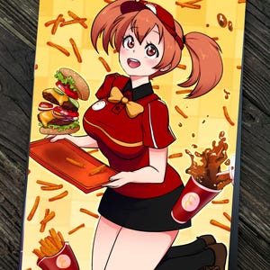 May include: A cartoon illustration of a woman wearing a red uniform with a bow tie, holding a tray with a triple-decker burger and fries. She is surrounded by fries and a cup of soda.