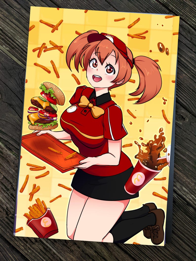 May include: A cartoon illustration of a woman wearing a red uniform with a bow tie, holding a tray with a triple-decker burger and fries. She is surrounded by fries and a cup of soda.