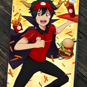 May include: A cartoon illustration of a fast food worker wearing a red uniform and a red hat with a logo. The worker has horns and is holding a tray with a burger, fries, and a drink. The background is yellow with a pattern of fries.