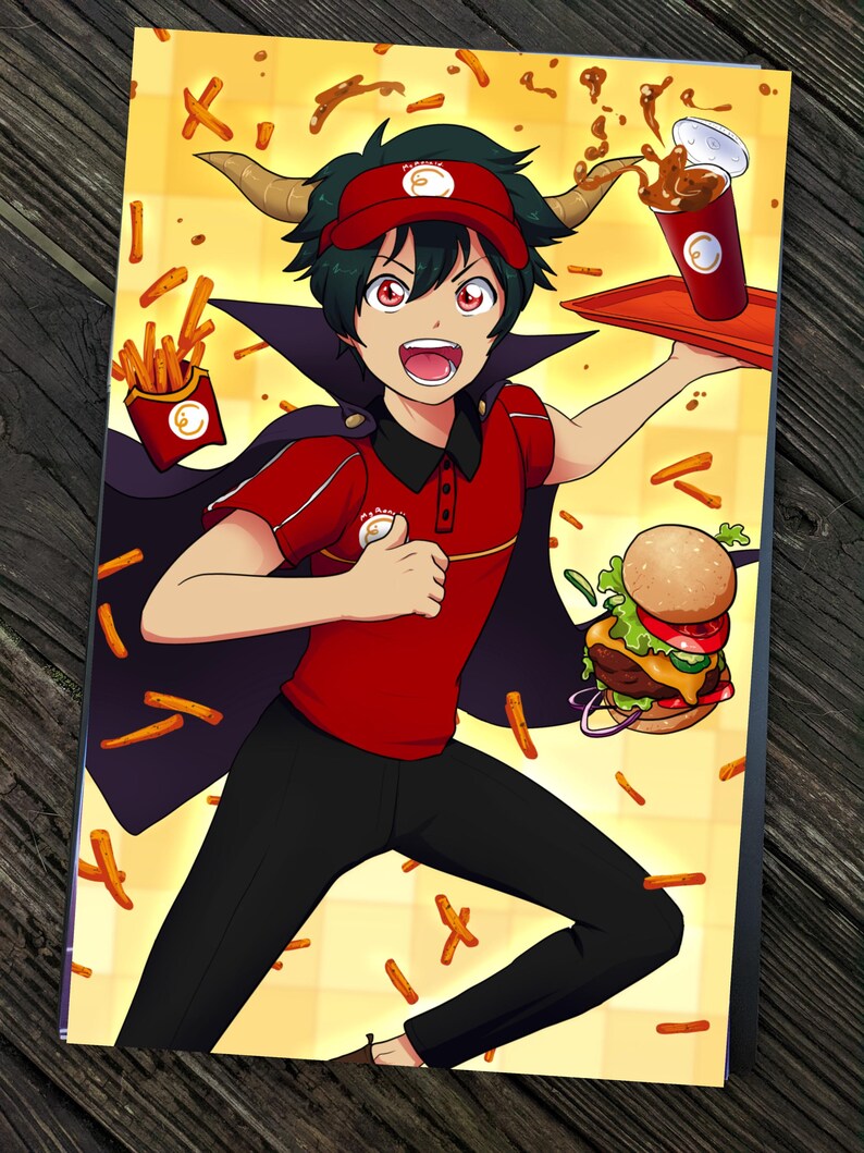 May include: A cartoon illustration of a fast food worker wearing a red uniform and a red hat with a logo. The worker has horns and is holding a tray with a burger, fries, and a drink. The background is yellow with a pattern of fries.