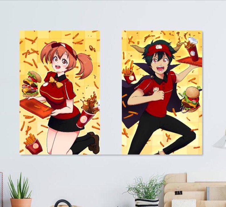 May include: Two cartoon characters in red and black uniforms holding burgers and fries. The background is yellow with a pattern of french fries.