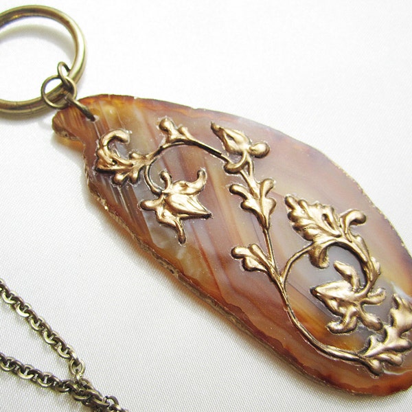 Golden Branch Hand Painted Agate Slice Necklace,OOAK,Art Nouveau Inspired,Wearable Art,Extra Long Brass Chain Bohemian Necklace Caramel Gold