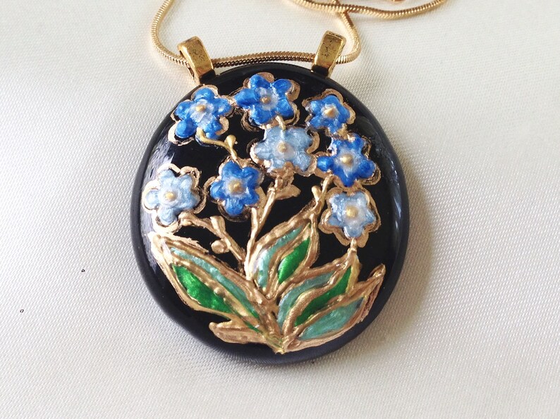 Forget Me Not Hand Painted Glass Pendant Necklace Jet Black Glass Pendant Blue and Green Glass Enamel Miniature Wearable Art OOAK