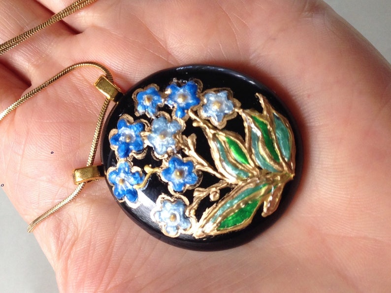 Forget Me Not Hand Painted Glass Pendant Necklace Jet Black Glass Pendant Blue and Green Glass Enamel Miniature Wearable Art OOAK