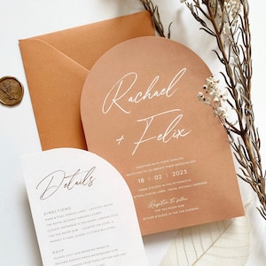 Terracotta, Beige, Brown, Russet, Rust, Earthy Tone, Rustic Wedding Invitations. Modern Calligraphy Arch and Half Arch Invites - DEPOSIT