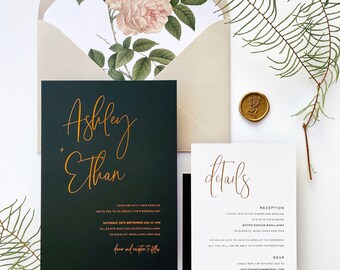 Copper Foiled Wedding Invitation: Elegant Black & White Hot Foil Design