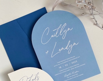 Blue Arch Wedding Invitation Suite: Modern Calligraphy Stationery Design. Greek Invite card