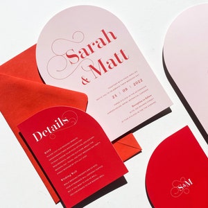 Shape Shift range. Red and Pink Wedding Invitations. Arch and Half Arch Invites. Arch. Modern and Clean. Little Bridge Design - DEPOSIT