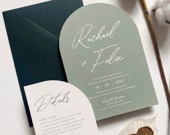 Green Wedding Invitation with Hunter Green Envelopes. Calligraphy Arch and Half Arch Invites. Minimalist and Rustic Invitations - DEPOSIT