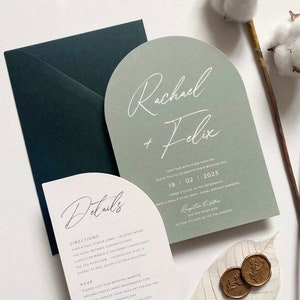 Green Wedding Invitation with Hunter Green Envelopes. Calligraphy Arch and Half Arch Invites. Minimalist and Rustic Invitations - DEPOSIT