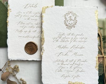 Gold Leaf Wedding Invitation, Handmade Deckled Paper, Vintage Botanical Garden Stationery, Floral Butterfly Invite