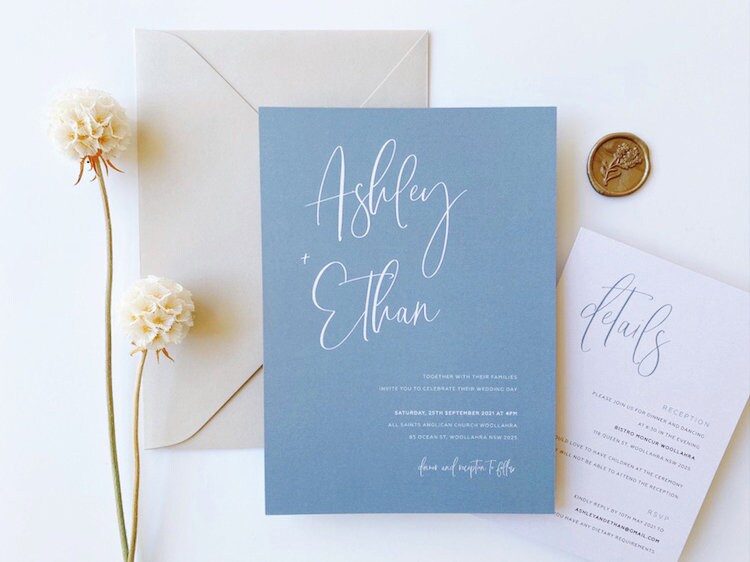 Dusty Blue Wedding Invitation: Simple Modern Calligraphy (DEPOSIT)