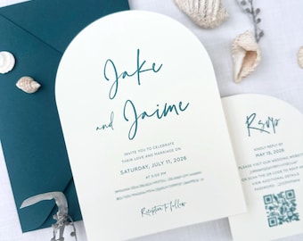Letterpress Arch Wedding Invitation Suite in Turquoise. Hawaii, Beach Invite, Aqua Marine. Personalised Stationery