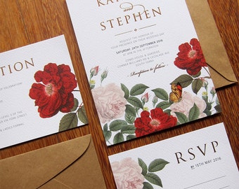 Rose Gold Foiled Vintage Floral Wedding Invitation. Botanical Invite. Garden. Outdoor. Little Bridge Design - DEPOSIT