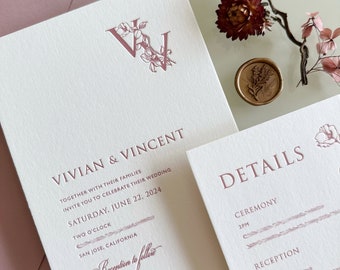 Pink Letterpress Wedding Invitation with Personalized Floral Monogram, Personalised Botanical Invite