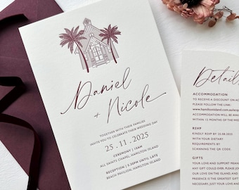Letterpress Wedding Invitation with Custom Venue Illustration, Burgundy & Maroon, Personalised Invite