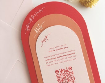 Arch Wedding Invitation Suite in Red, Orange, Pink Summer Invites with Envelopes. Personalised Stationery.