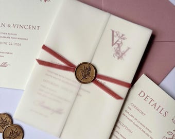 Pre-folded Vellum Jacket with Wax Seal & Pink Velvet Ribbon for 5"x7" invitations