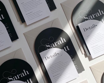 Black Tie Wedding Invitation Suite, Black and White, Modern Invite. Personalised Stationery.