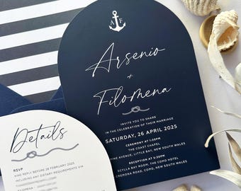 Nautical Arch Wedding Invitation, Navy & White Stripe, Beach and Waterfront Invite, Anchor and Rope.