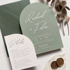 Sage Green Arch Wedding Invitation: Modern Calligraphy, Olive Hunter Envelopes, Wax Seals