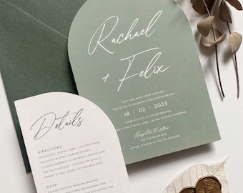 Sage Green Arch Wedding Invitation: Modern Calligraphy, Olive Hunter Envelopes, Wax Seals