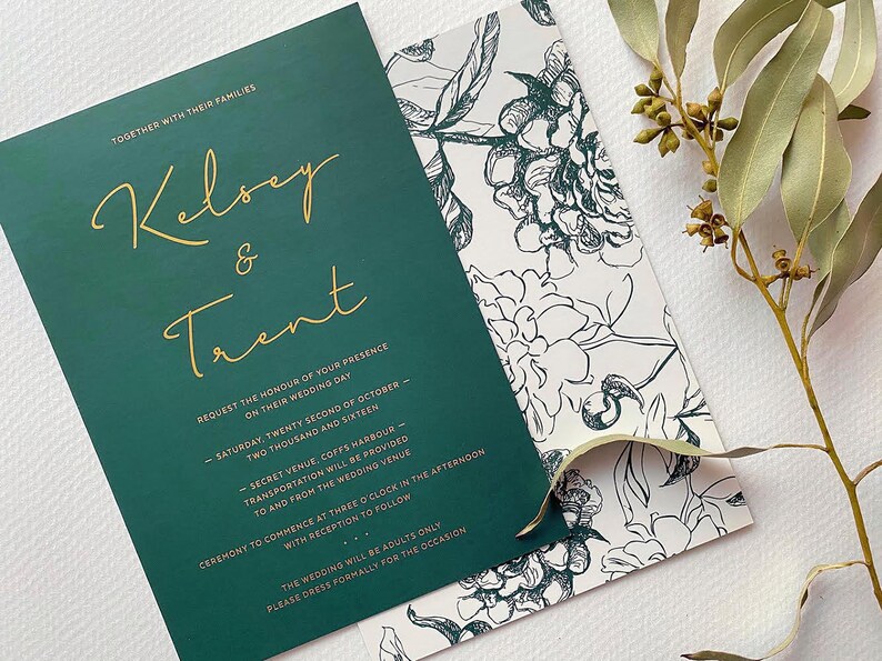 Gold Foiled Floral Wedding Invitation in Hunter Green