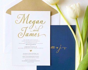 SAMPLE - Gold Foiled,Simple Navy and White Wedding Invitation. Navy Invite. Calligraphy Font. Little Bridge Design