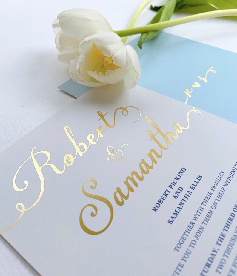 Light Blue Wedding Invites Gold Foiled Wedding Invitation in Baby Blue Little Bridge Design DEPOSIT Simple and Elegant Invitations