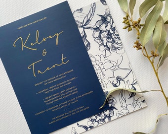 Gold Foiled Floral Wedding Invitation in Navy and White. Modern and Elegant Invites. Little Bridge Design - SAMPLE