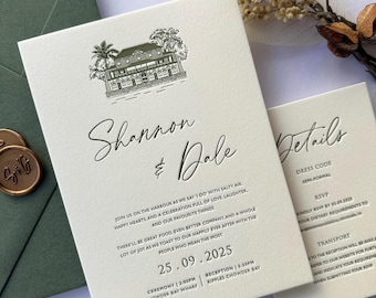 Green Letterpress Wedding Invitation. Custom Venue Illustration. Olive green Personalised Invite card.