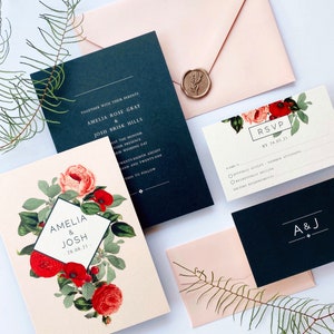 Elegant Garden Wedding Invitations. Rustic Vintage Floral Invites. Pink and Navy Botanical. Blush pink- Deposit. Little Bridge Design