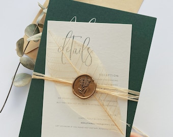 Rustic Green Wedding Invitation with Skeleton Leaf and Wax Seals. Garden Wedding Stationery.