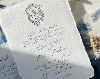Blue Porcelain Wedding Invitation Suite, Handmade deckled paper and Envelope in Navy, with ribbon and Wax seal. Garden Artisan Invite.