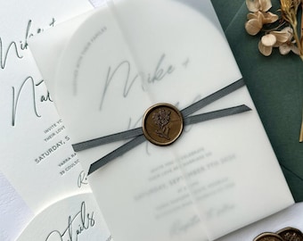 5x7 Vellum Jacket with Wax Seals & Green Satin Ribbon: Wedding Invitation