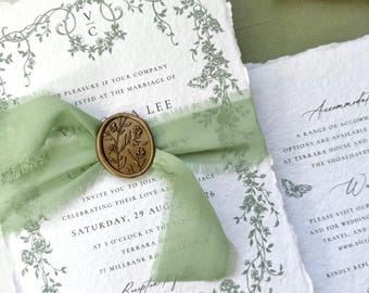 Floral Border Wedding Invitation Suite, Handmade deckled paper and Envelope in Green, with ribbon and Wax seal. Botanical frame invite.