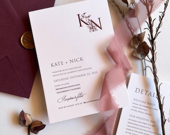 Letterpress Burgundy Wedding Invitation with Floral Monogram, Botanical Garden Invite