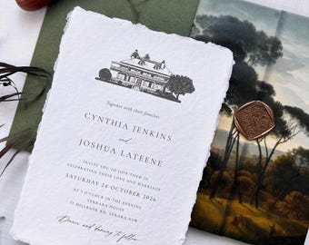 Custom Venue Illustration Wedding Invitation Suite, Handmade deckled paper and Envelope in Green, with, ribbon and Wax seal. Outdoor Invite.