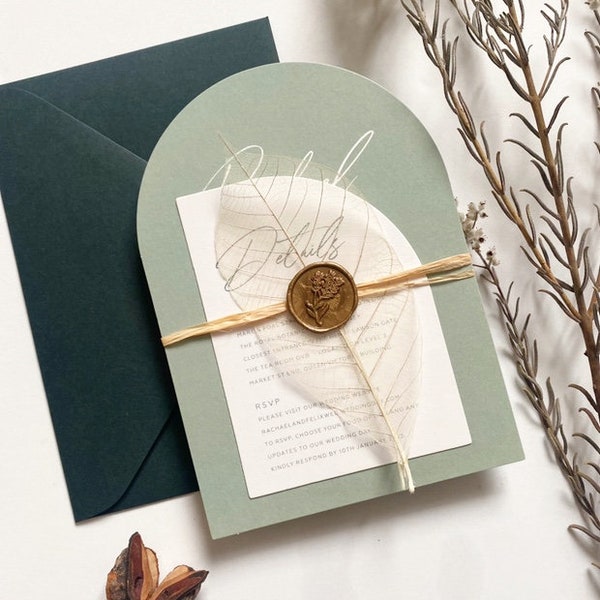 SAMPLE - Green Wedding Invitation with Hunter Green Envelopes. Calligraphy Arch and Half Arch Invites. Minimalist and Rustic Invitations